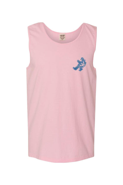 Light pink Comfort Colors cotton tank top featuring a blue turtle logo on the left chest.