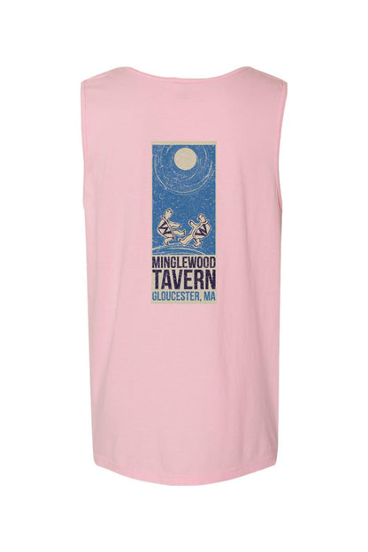 Light pink Comfort Colors cotton tank top featuring a Minglewood Tavern graphic with two turtles under a full moon.