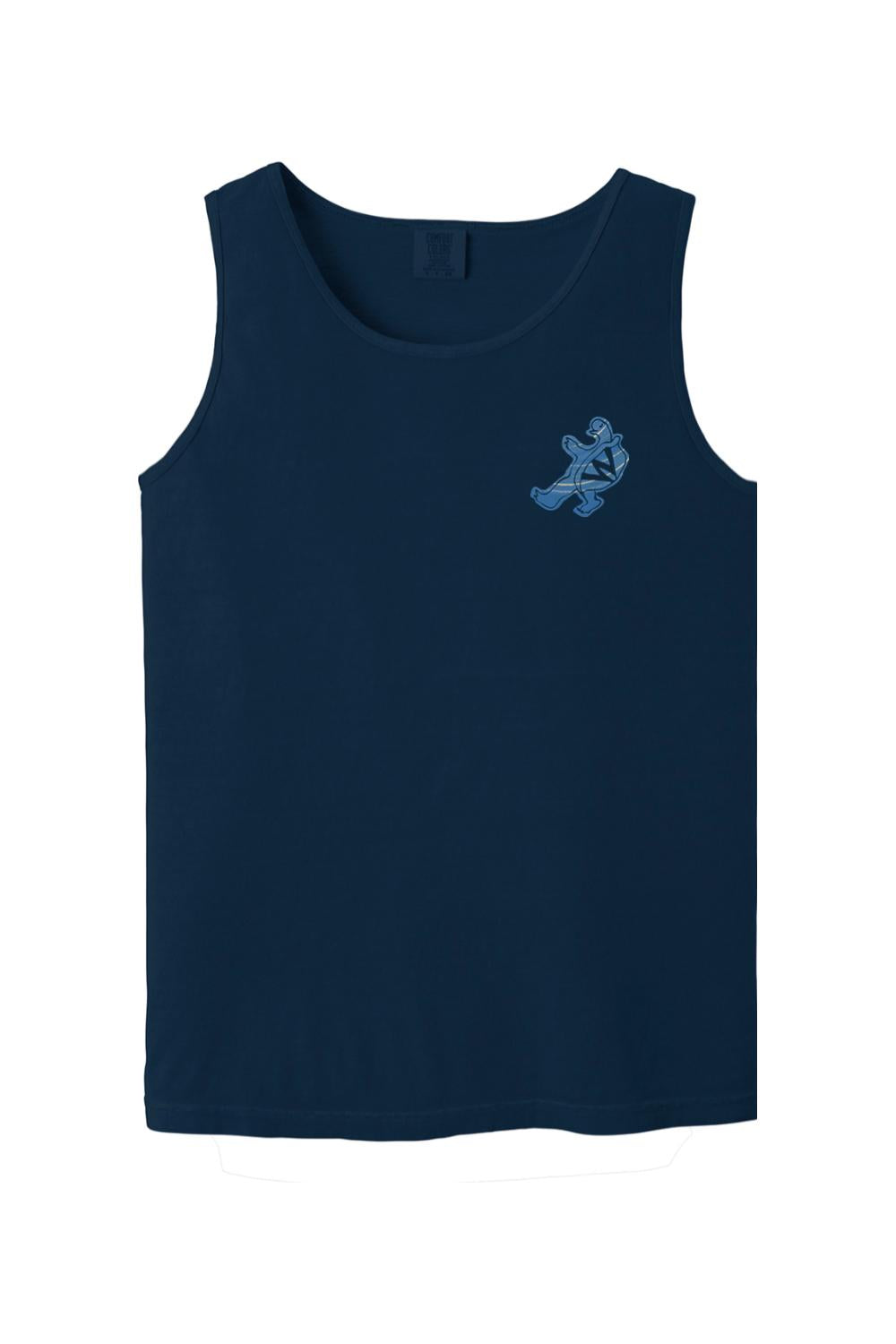 Navy blue Comfort Colors cotton tank top featuring a light blue turtle logo with a W on the chest.