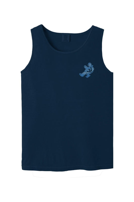 Navy blue Comfort Colors cotton tank top featuring a light blue turtle logo with a W on the chest.
