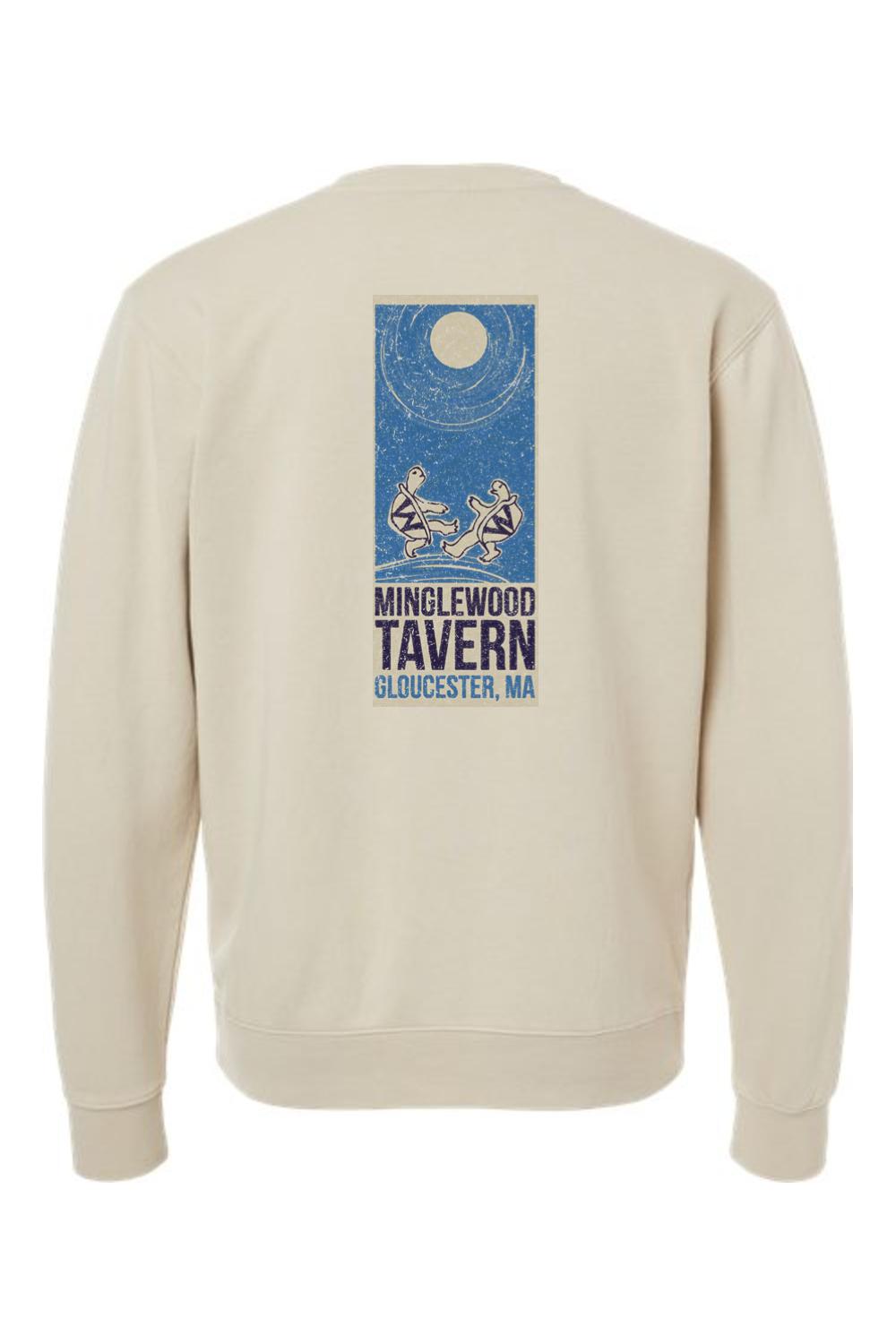 Beige pigment-dyed crewneck sweatshirt featuring a blue Minglewood Tavern turtle graphic on the back.
