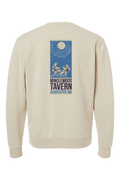 Beige pigment-dyed crewneck sweatshirt featuring a blue Minglewood Tavern turtle graphic on the back.
