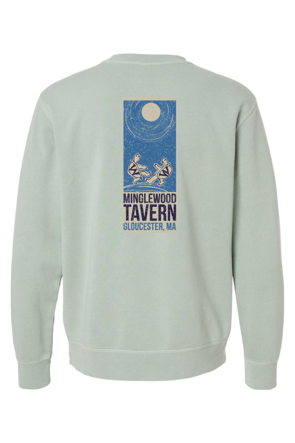 Sage green pigment-dyed crewneck sweatshirt featuring a Minglewood Tavern turtle graphic on the back.