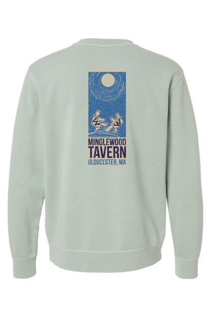 Sage green pigment-dyed crewneck sweatshirt featuring a Minglewood Tavern turtle graphic on the back.