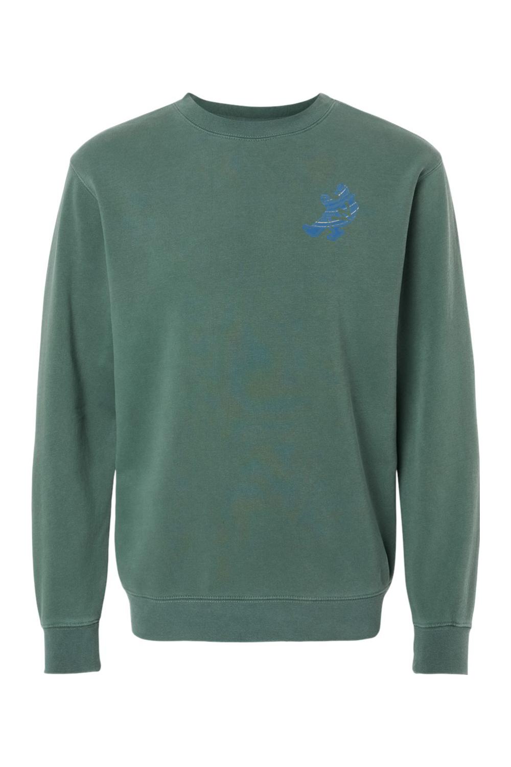 Green pigment-dyed midweight crewneck sweatshirt featuring a small blue turtle graphic on the left chest.
