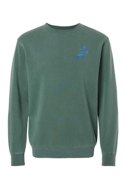 Green pigment-dyed midweight crewneck sweatshirt featuring a small blue turtle graphic on the left chest.