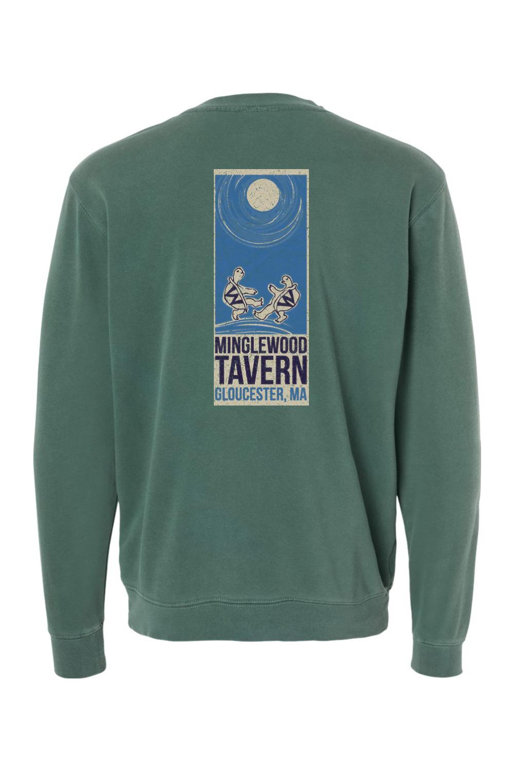 Pigment-dyed forest green crewneck sweatshirt featuring a Minglewood Tavern turtle graphic on the back.