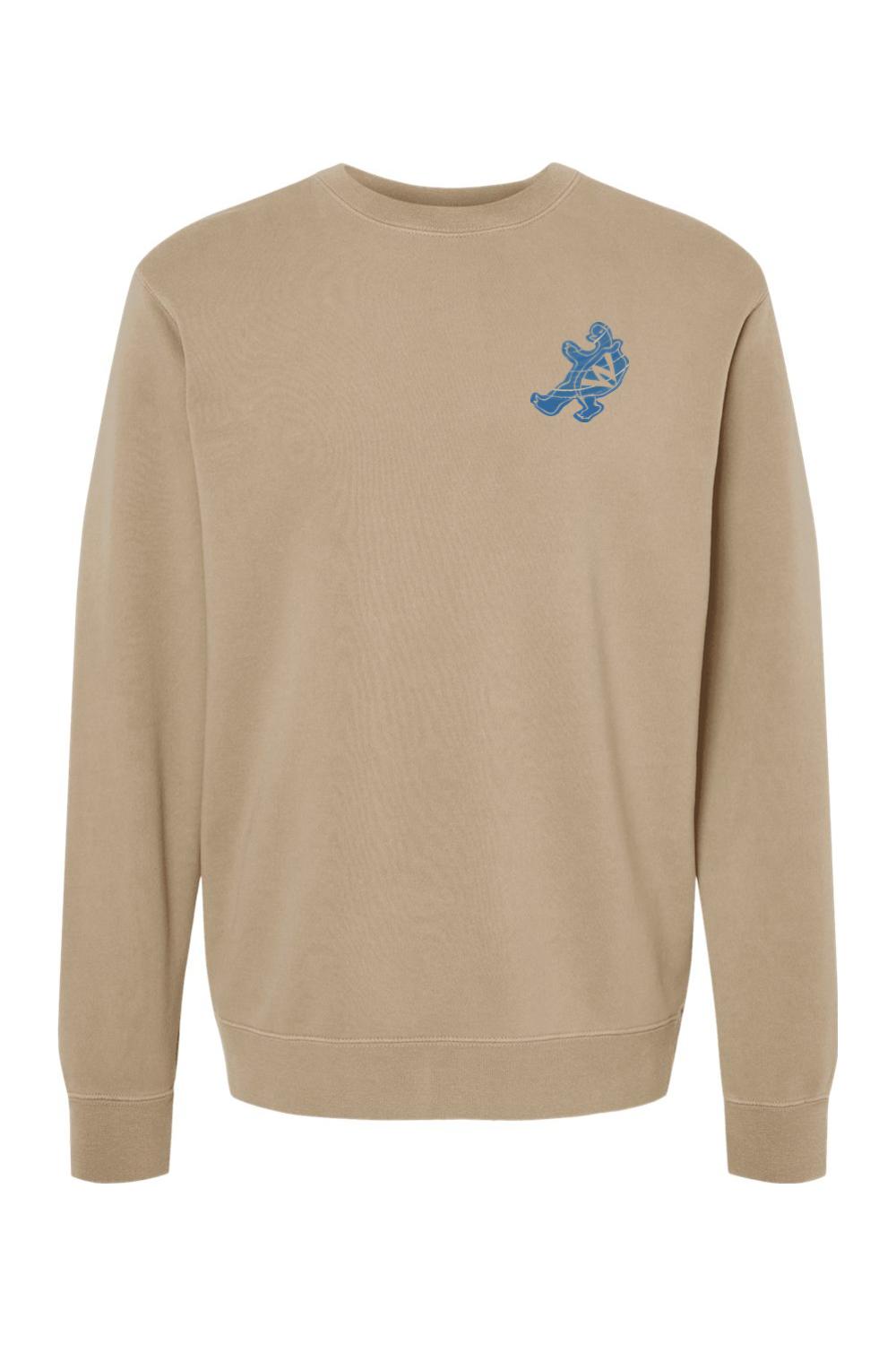 Tan pigment-dyed midweight crewneck sweatshirt featuring a blue turtle graphic on the left chest.