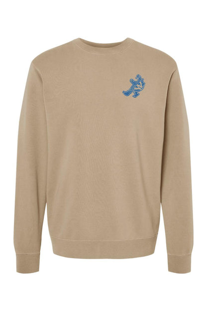 Tan pigment-dyed midweight crewneck sweatshirt featuring a blue turtle graphic on the left chest.