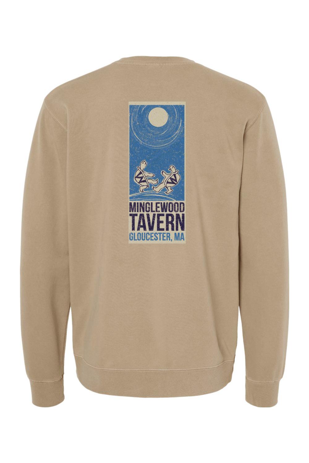 Tan pigment-dyed crewneck sweatshirt featuring a blue Minglewood Tavern turtle graphic on the back.