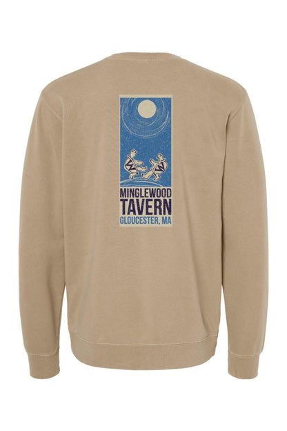 Tan pigment-dyed crewneck sweatshirt featuring a blue Minglewood Tavern turtle graphic on the back.