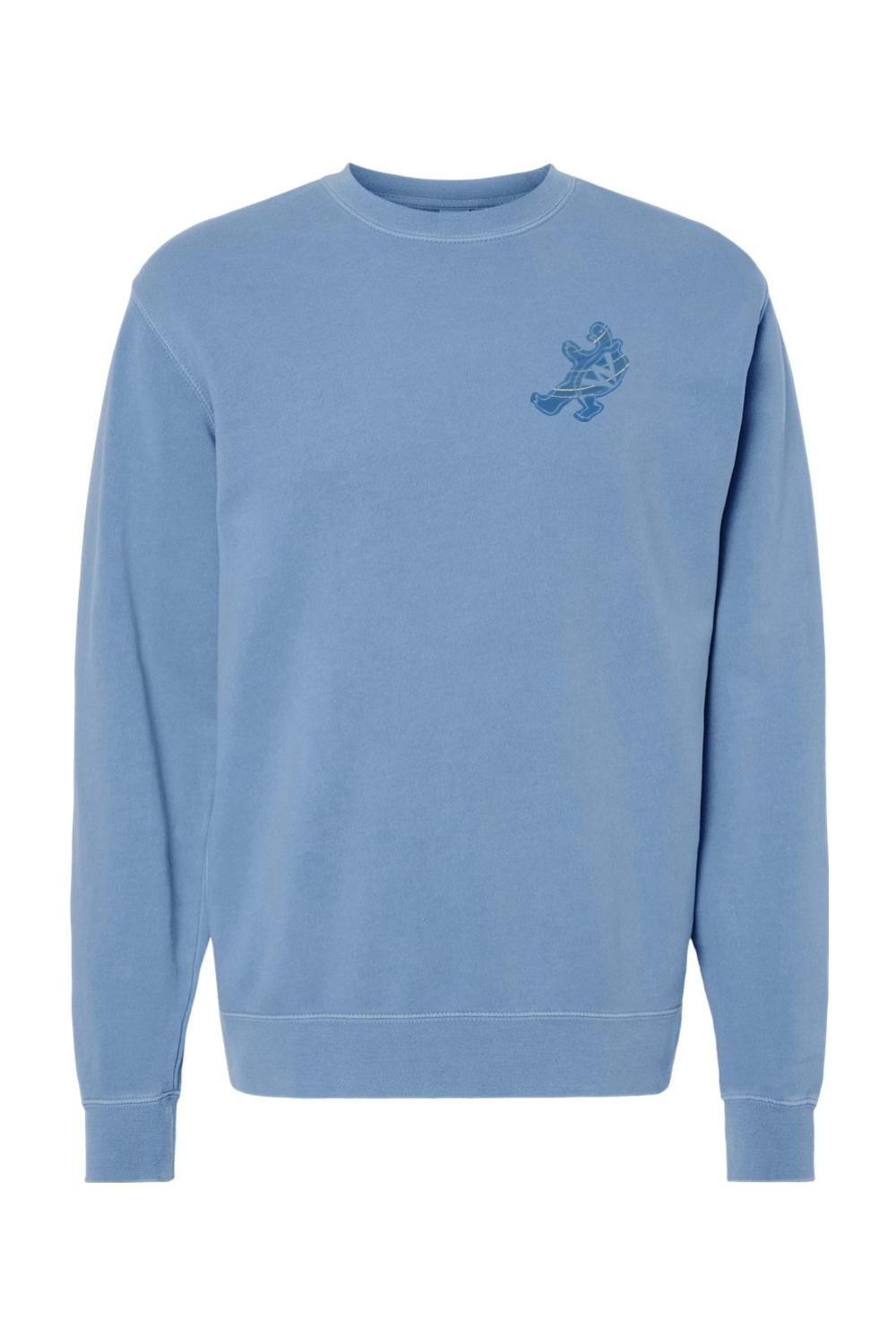 Blue pigment-dyed midweight crewneck sweatshirt featuring a small Harborside turtle graphic on the chest.