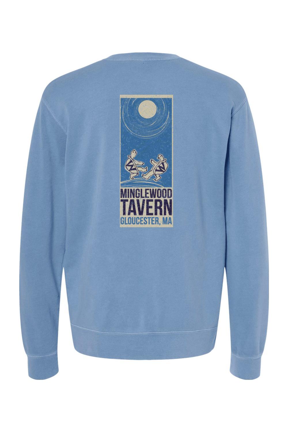 Blue pigment-dyed crewneck sweatshirt featuring a Minglewood Tavern turtle graphic on the back.