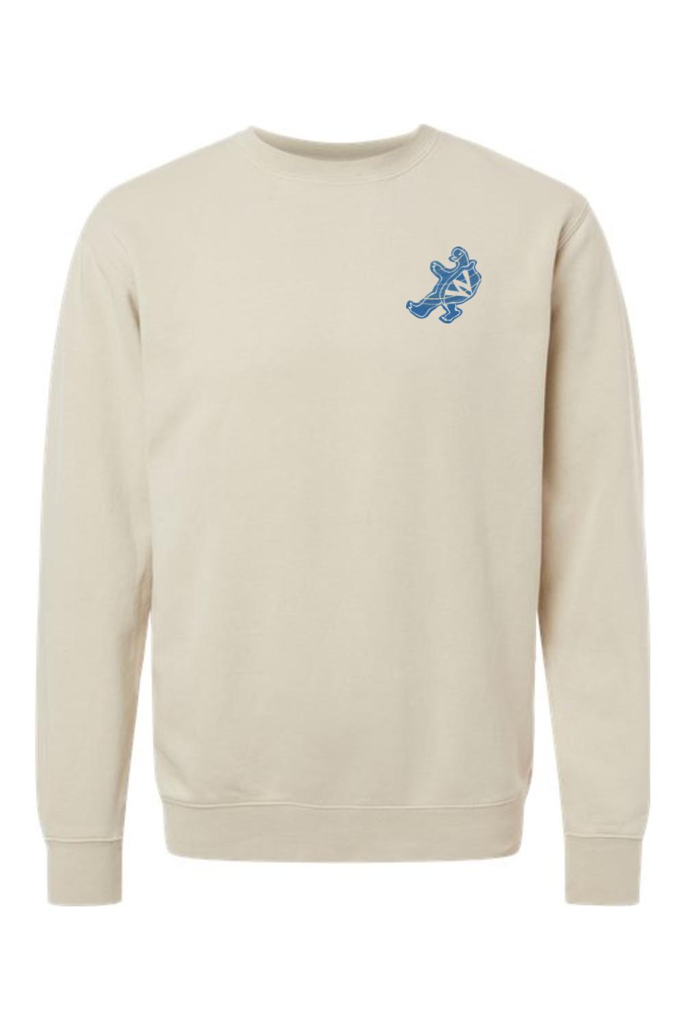 Beige pigment-dyed crewneck sweatshirt featuring a blue Harborside turtle logo on the chest.