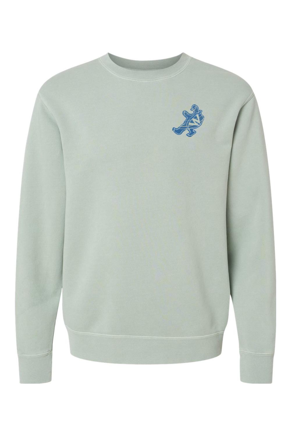 Sage green pigment-dyed crewneck sweatshirt with a blue Harborside turtle graphic on the left chest.