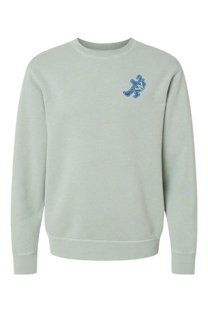 Sage green pigment-dyed crewneck sweatshirt with a blue Harborside turtle graphic on the left chest.