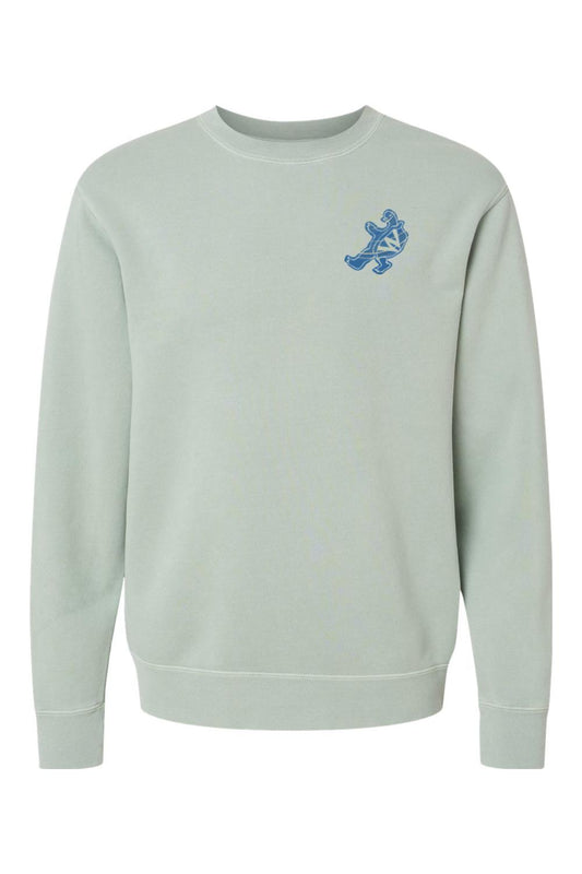 Sage green pigment-dyed crewneck sweatshirt with a blue Harborside turtle graphic on the left chest.