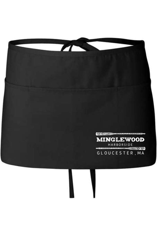 Black waist apron with front pockets, featuring a white Minglewood Harborside Gloucester, MA logo and oar graphic.