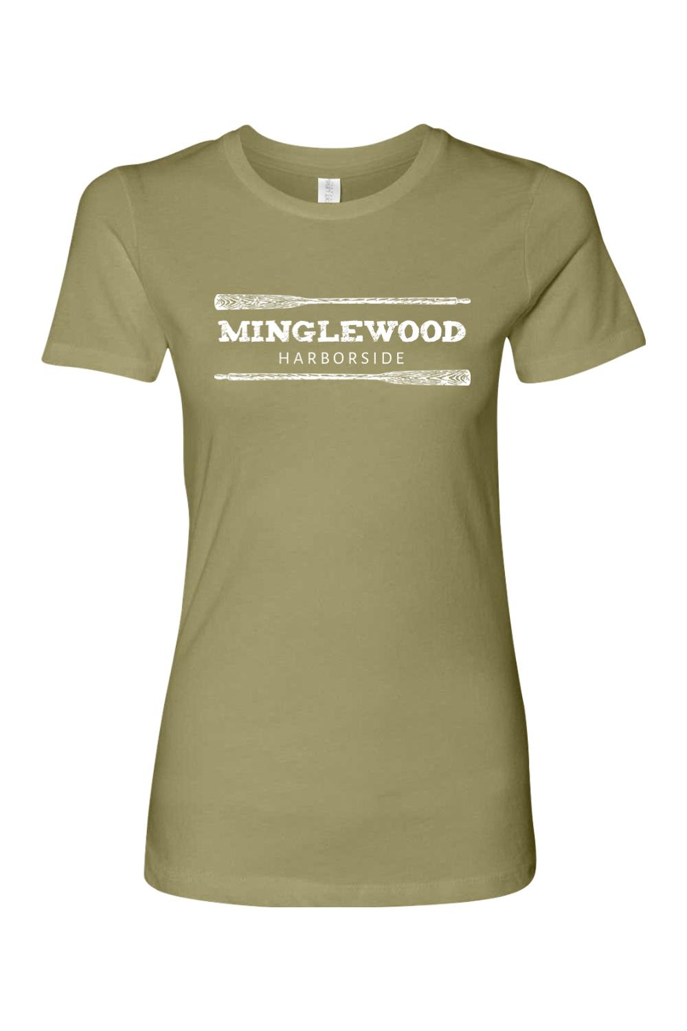 Olive green women's crew neck t-shirt featuring a white Minglewood Harborside graphic with crossed oars.
