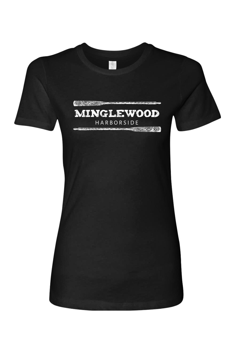 Black women's crew neck t-shirt featuring a white Minglewood Harborside logo with crossed oars graphic.