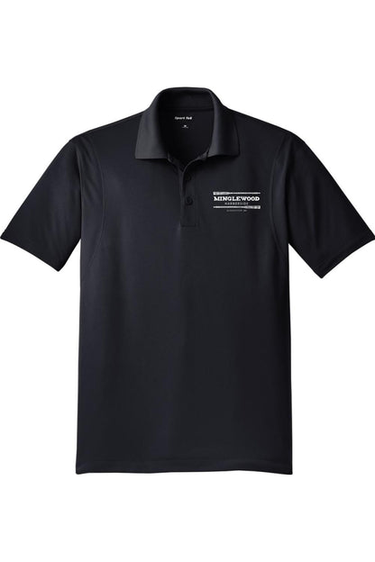 Black Minglewood Micropique Sport-Wick polo shirt with a white logo on the chest and a classic button-up collar.