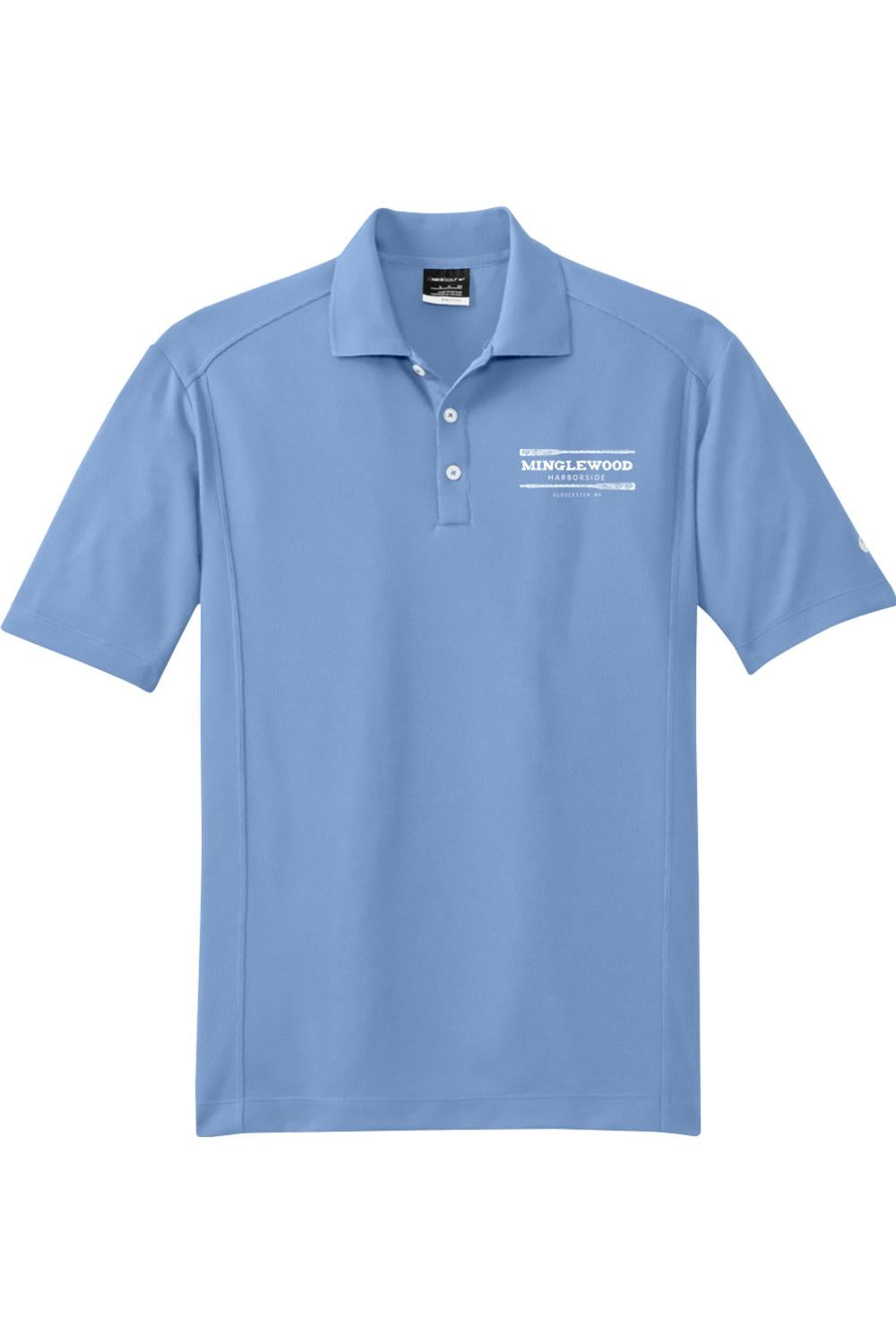 Light blue Nike Dri-FIT polo shirt featuring a white Minglewood Harborside logo on the chest and a three-button placket.
