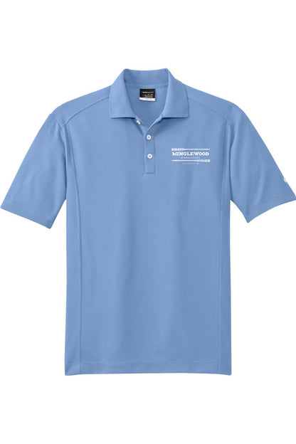 Light blue Nike Dri-FIT polo shirt featuring a white Minglewood Harborside logo on the chest and a three-button placket.