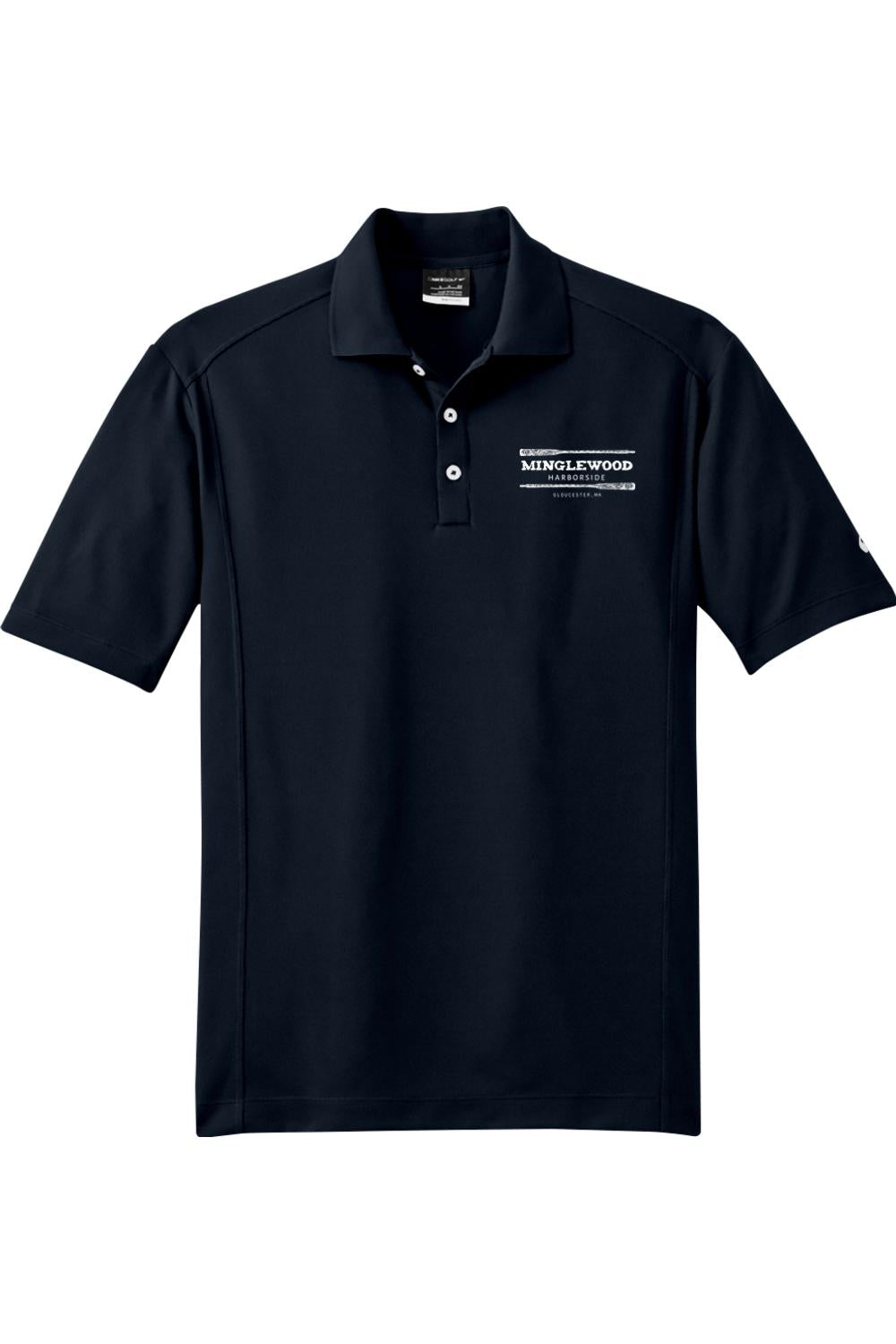 Navy blue Nike Dri-FIT polo shirt with a white Minglewood Harborside logo on the chest and a three-button placket.