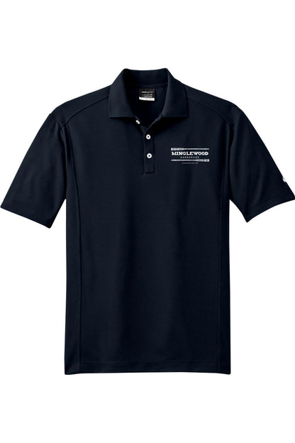 Navy blue Nike Dri-FIT polo shirt with a white Minglewood Harborside logo on the chest and a three-button placket.