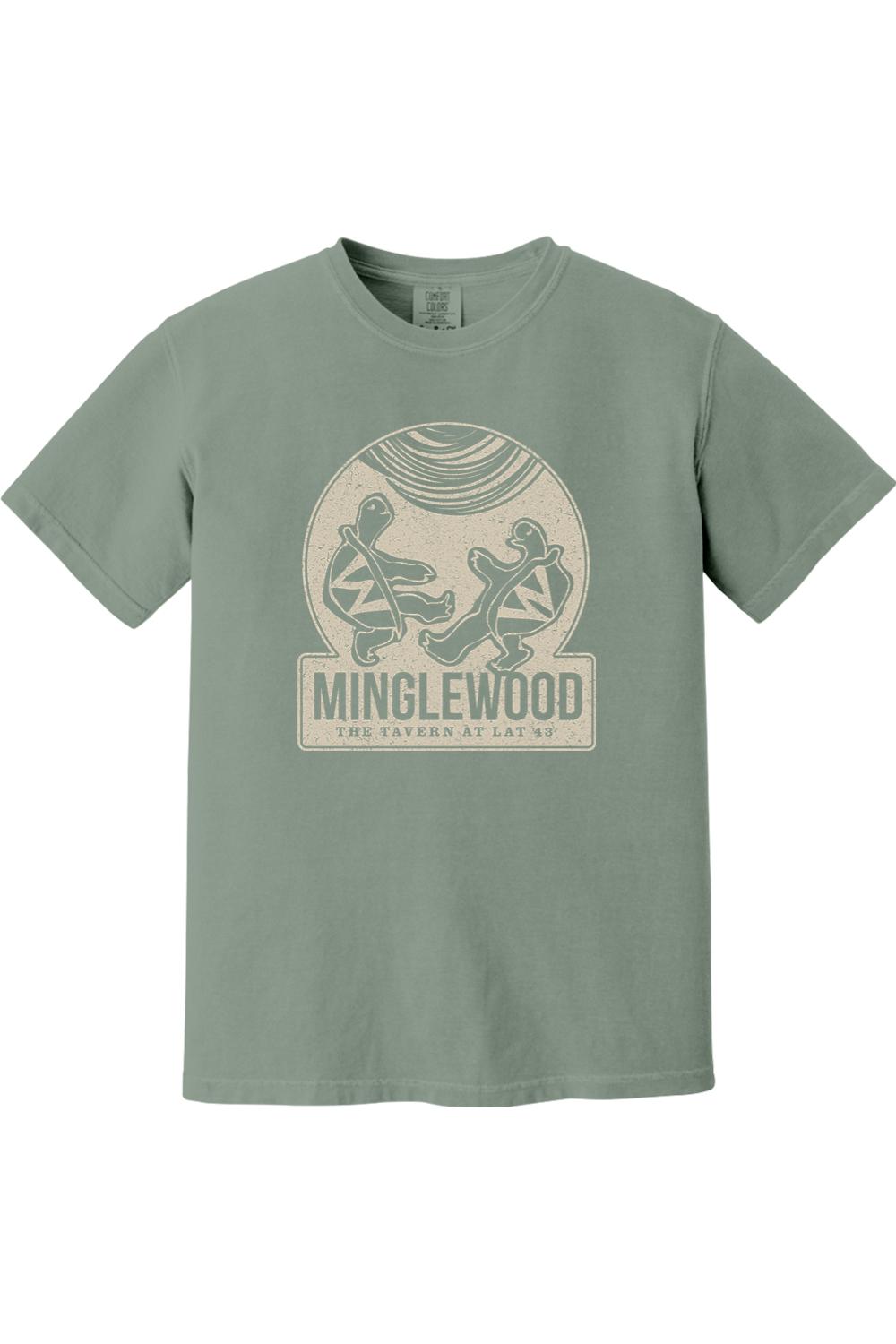 Sage green Comfort Colors cotton t-shirt featuring a vintage Minglewood turtle graphic print on the chest.