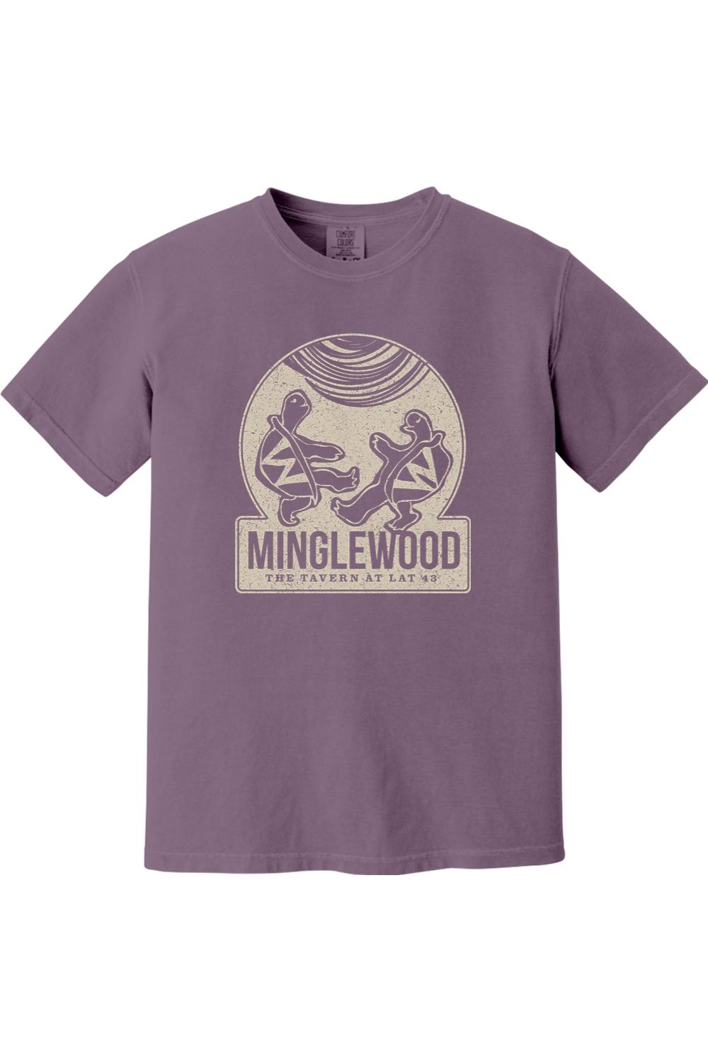 Purple Comfort Colors t-shirt featuring a vintage Minglewood Harborside graphic with dancing turtles and text.
