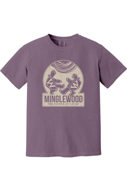 Purple Comfort Colors t-shirt featuring a vintage Minglewood Harborside graphic with dancing turtles and text.