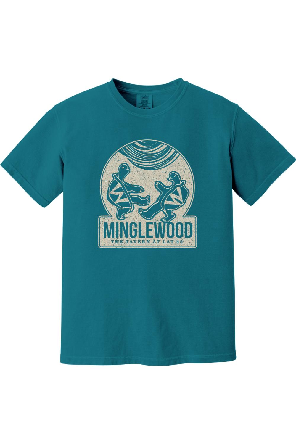 Teal Comfort Colors t-shirt featuring a vintage-style Minglewood Harborside graphic with dancing turtles.