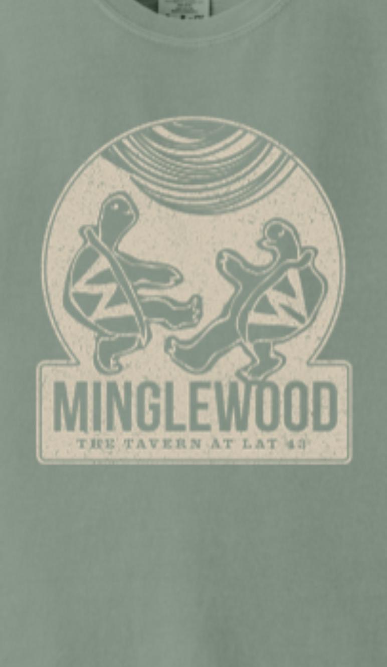 Sage green Comfort Colors cotton t-shirt featuring a vintage Minglewood tavern graphic with dancing turtles.