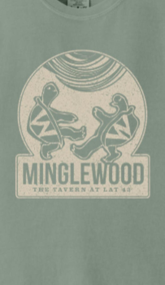 Sage green Comfort Colors cotton t-shirt featuring a vintage Minglewood tavern graphic with dancing turtles.