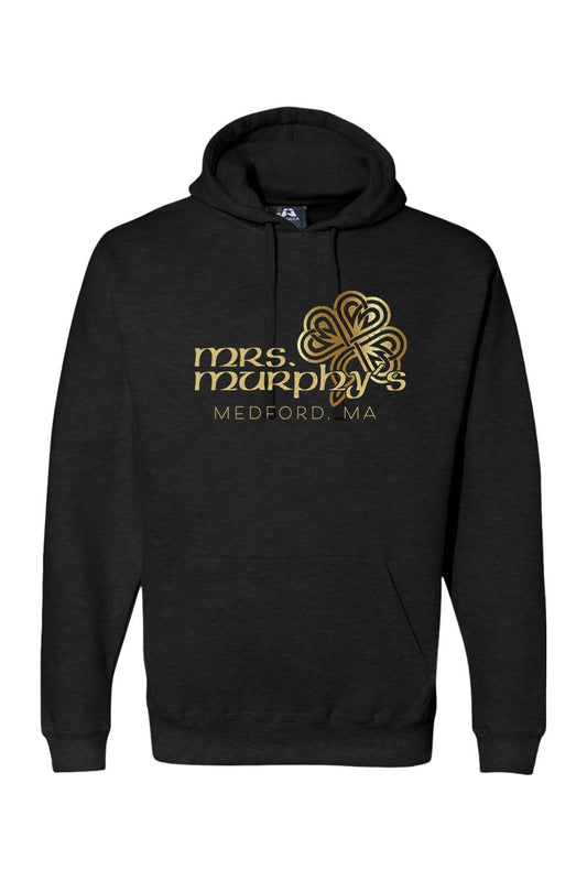 Black premium hoodie featuring a metallic gold Celtic clover logo and Mrs. Murphy's Medford, MA text on the chest.