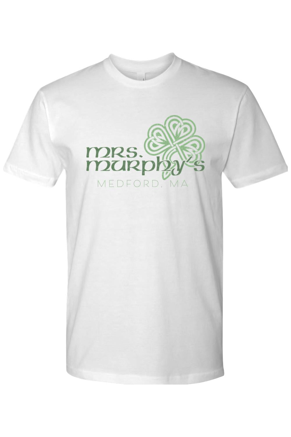 White cotton t-shirt featuring a green Celtic clover design and Mrs. Murphy's Medford, MA text logo.