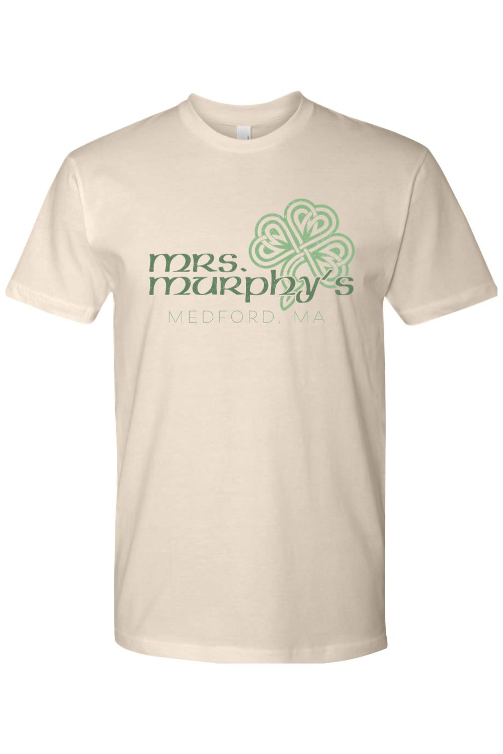 Cream-colored cotton t-shirt featuring a green Celtic clover design and Mrs. Murphy's Medford, MA logo.