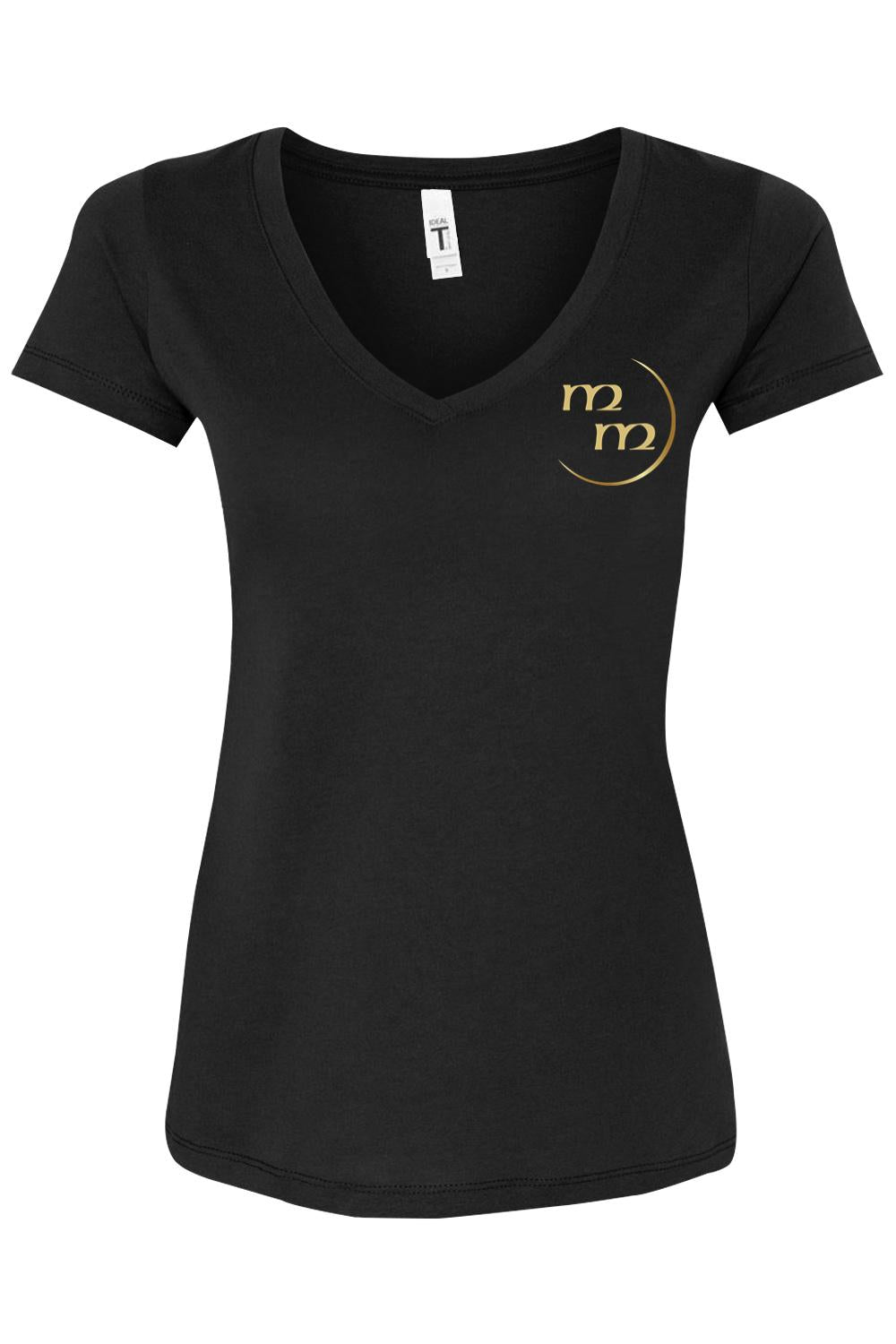 Women's black cotton blend V-neck T-shirt featuring a gold Mrs. Murphy logo on the left chest.