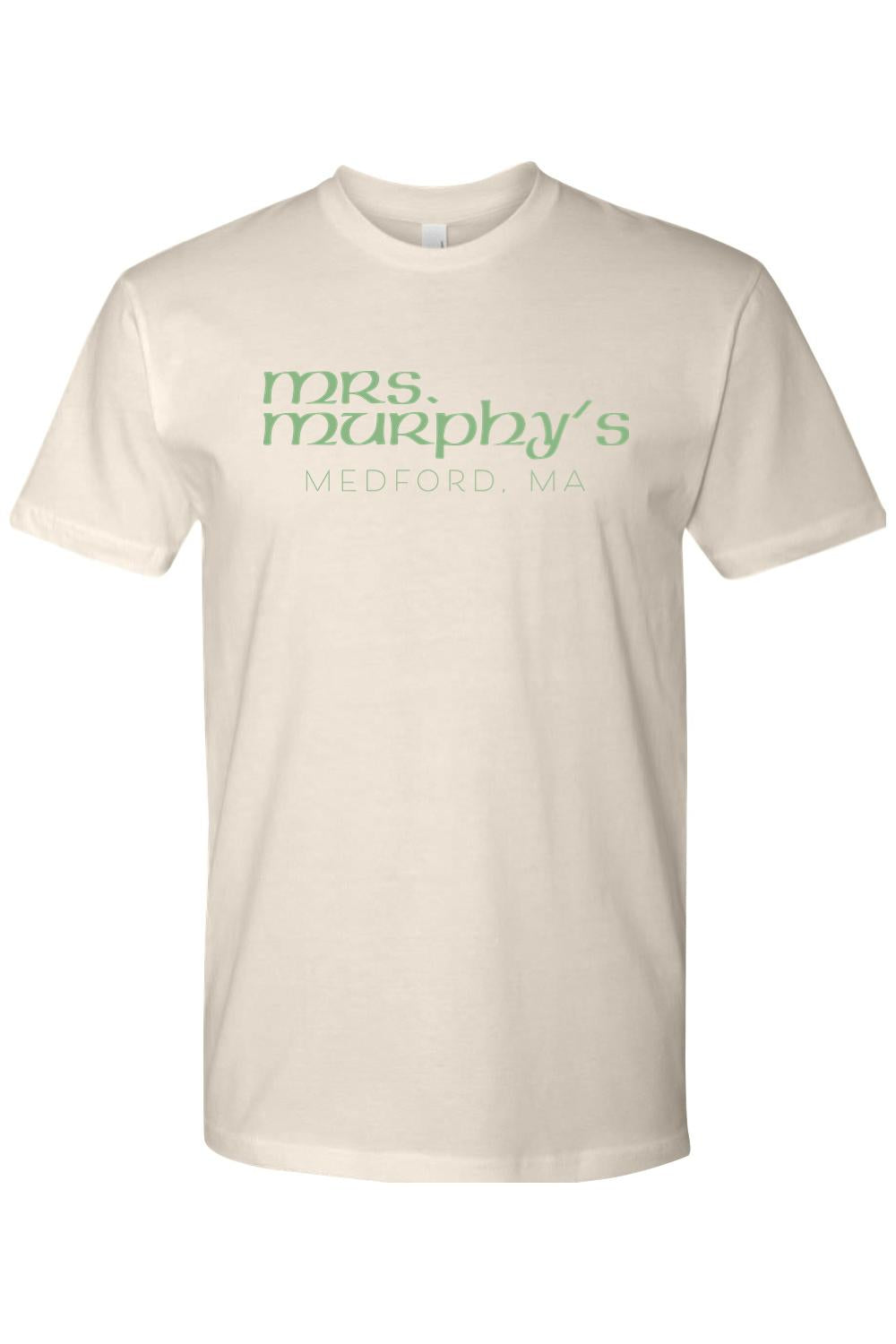 Cream-colored cotton unisex t-shirt featuring green Mrs. Murphy's Medford, MA text graphic on the chest.