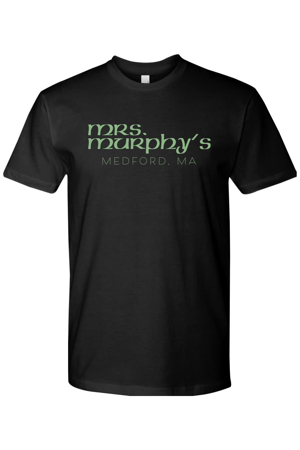 Black cotton unisex t-shirt featuring green Mrs. Murphy's Medford, MA text graphic on the chest.