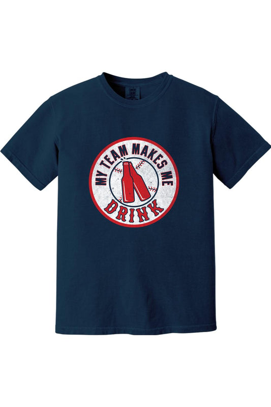 Navy blue Comfort Colors cotton t-shirt with a vintage-style baseball and beer bottle graphic print.
