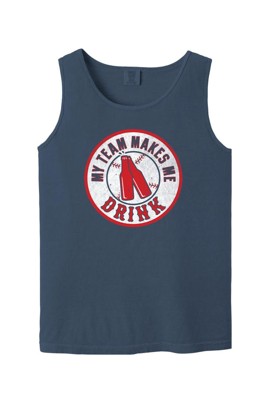 Navy blue Comfort Colors tank top featuring a vintage-style circular graphic with baseball and beer bottle icons.