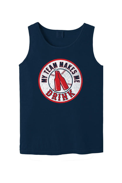 Navy blue Comfort Colors tank top featuring a distressed baseball-themed graphic with red beer bottles and text.