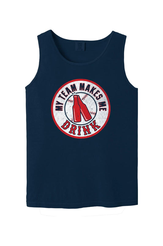 Navy blue Comfort Colors tank top featuring a distressed baseball-themed graphic with red beer bottles and text.
