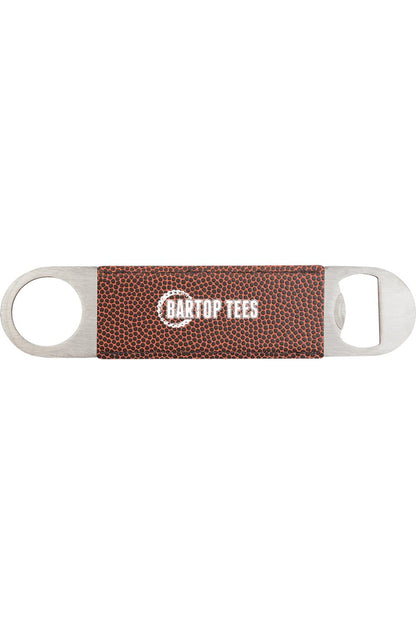Stainless steel bottle opener with a textured brown football leatherette grip featuring the Bartop Tees logo.