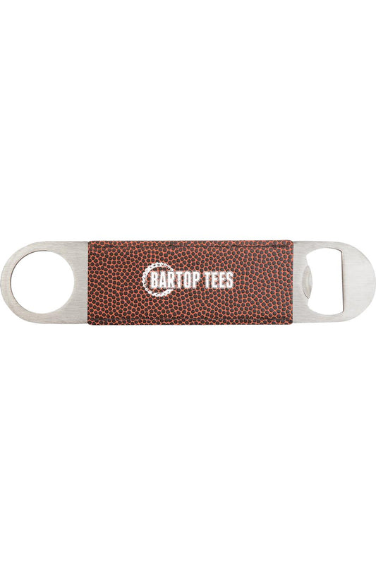 Stainless steel bottle opener with a textured brown football leatherette grip featuring the Bartop Tees logo.