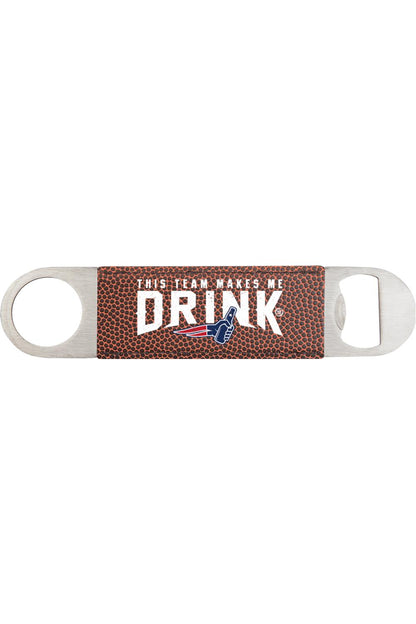 Football-textured leatherette bottle opener with a metal frame and This Team Makes Me Drink graphic.