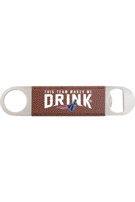 Football-textured leatherette bottle opener with a metal frame and This Team Makes Me Drink graphic.