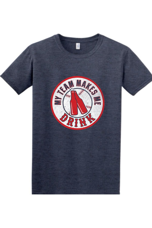 Dark heather grey Softstyle t-shirt featuring a My Team Makes Me Drink baseball graphic with two red beer bottles.